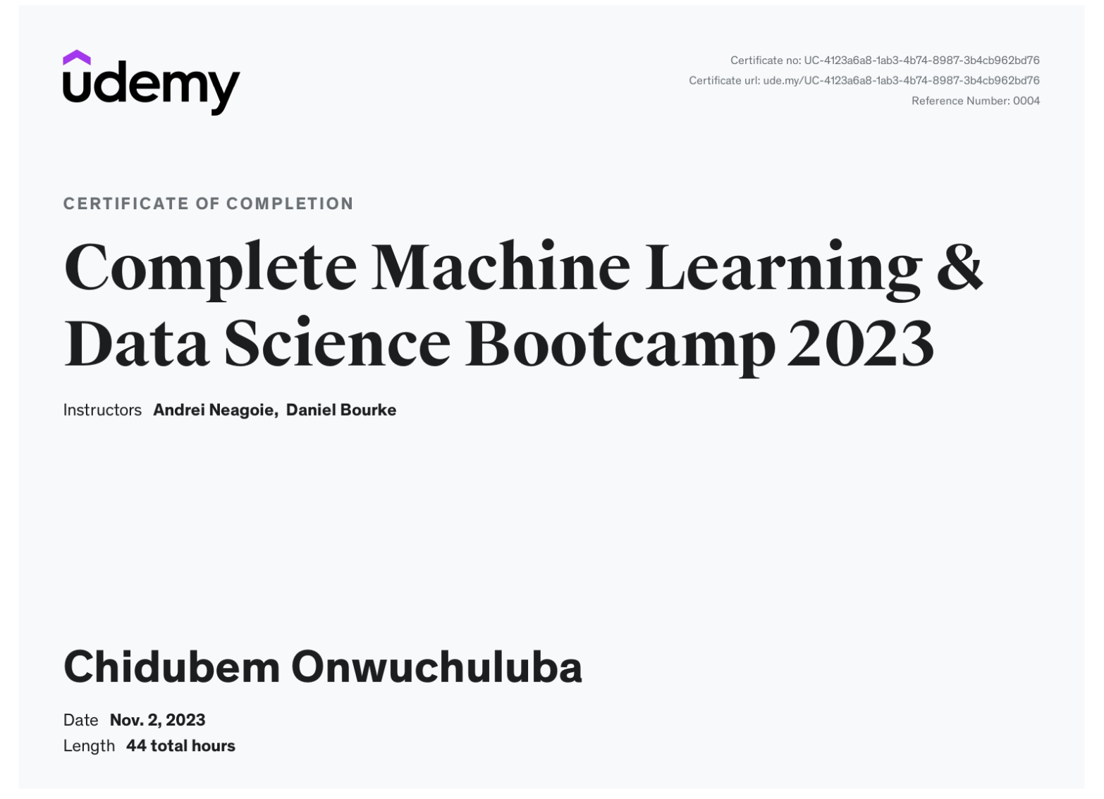 Machine Learning Certificate from Udemy