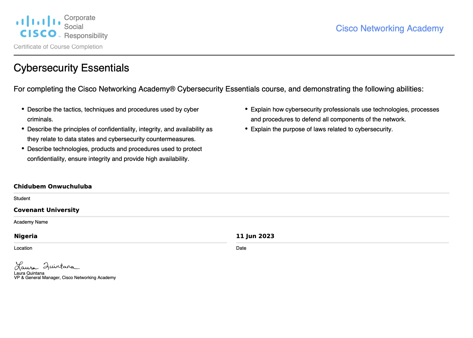 Cybersecurity Essentials Certificate from Cisco