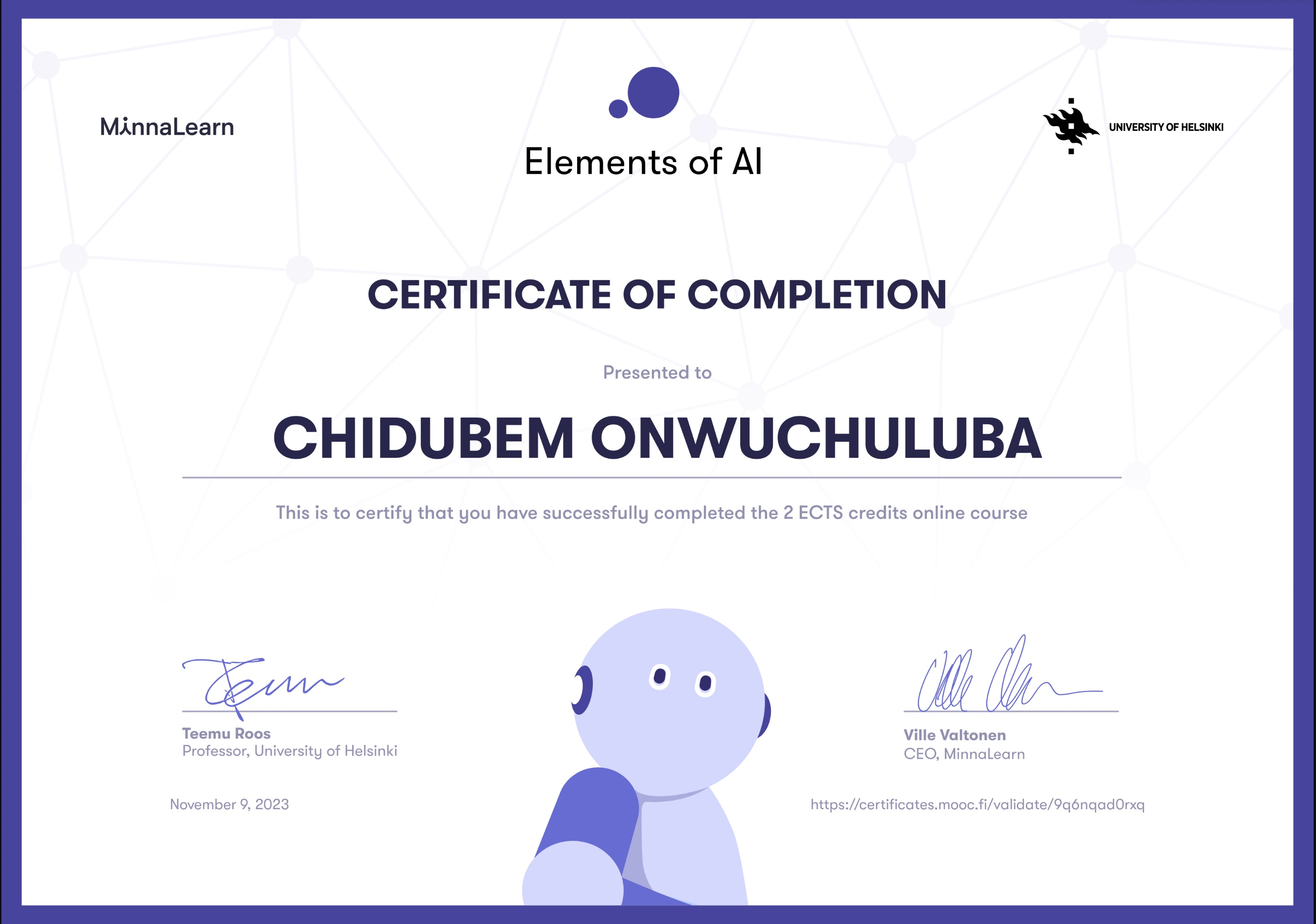 Elements of AI certificate of completion