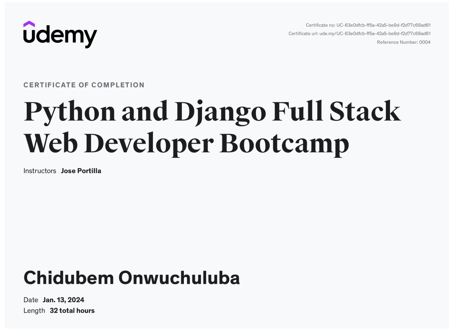 Full Stack Development Certificate from Udemy