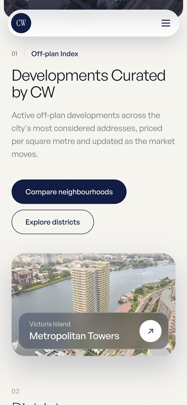 CW Lagos Off-Plan on mobile: curated developments with the Metropolitan Towers listing
