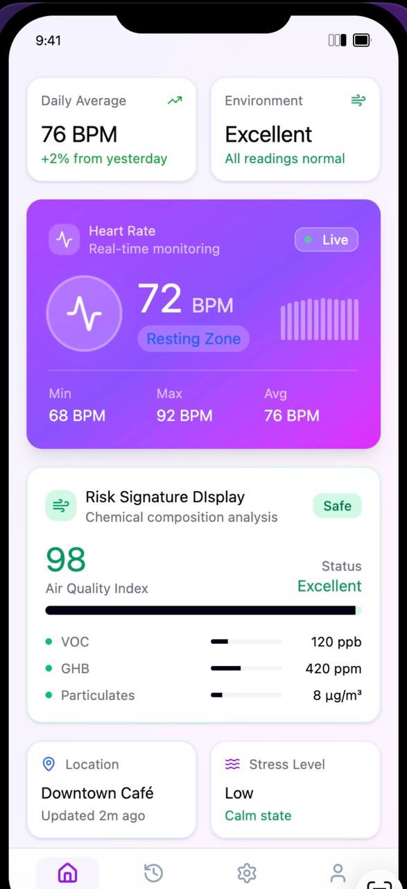 PulseGuard mobile dashboard showing heart rate and sensor readings