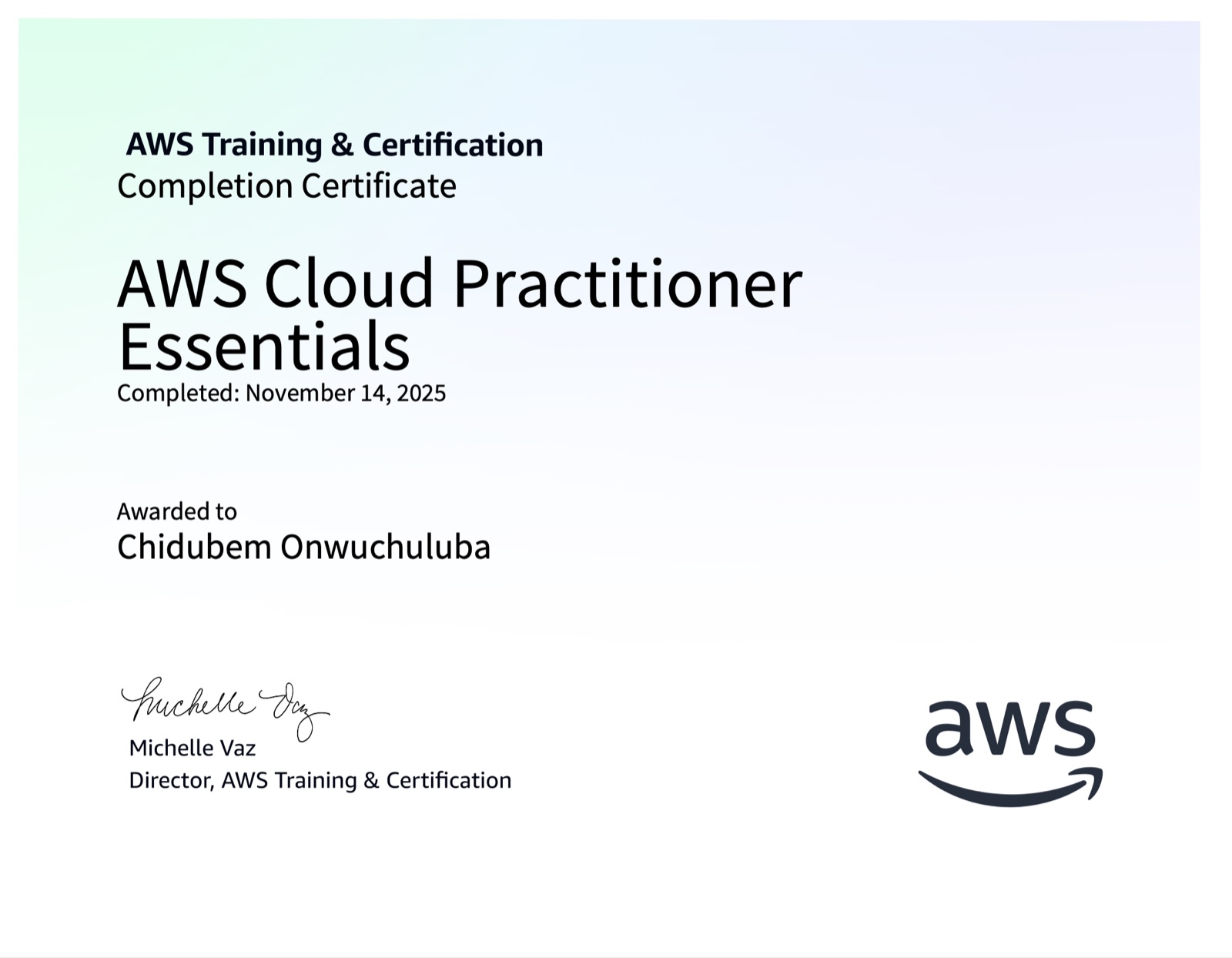 AWS Cloud Practitioner Essentials course completion certificate