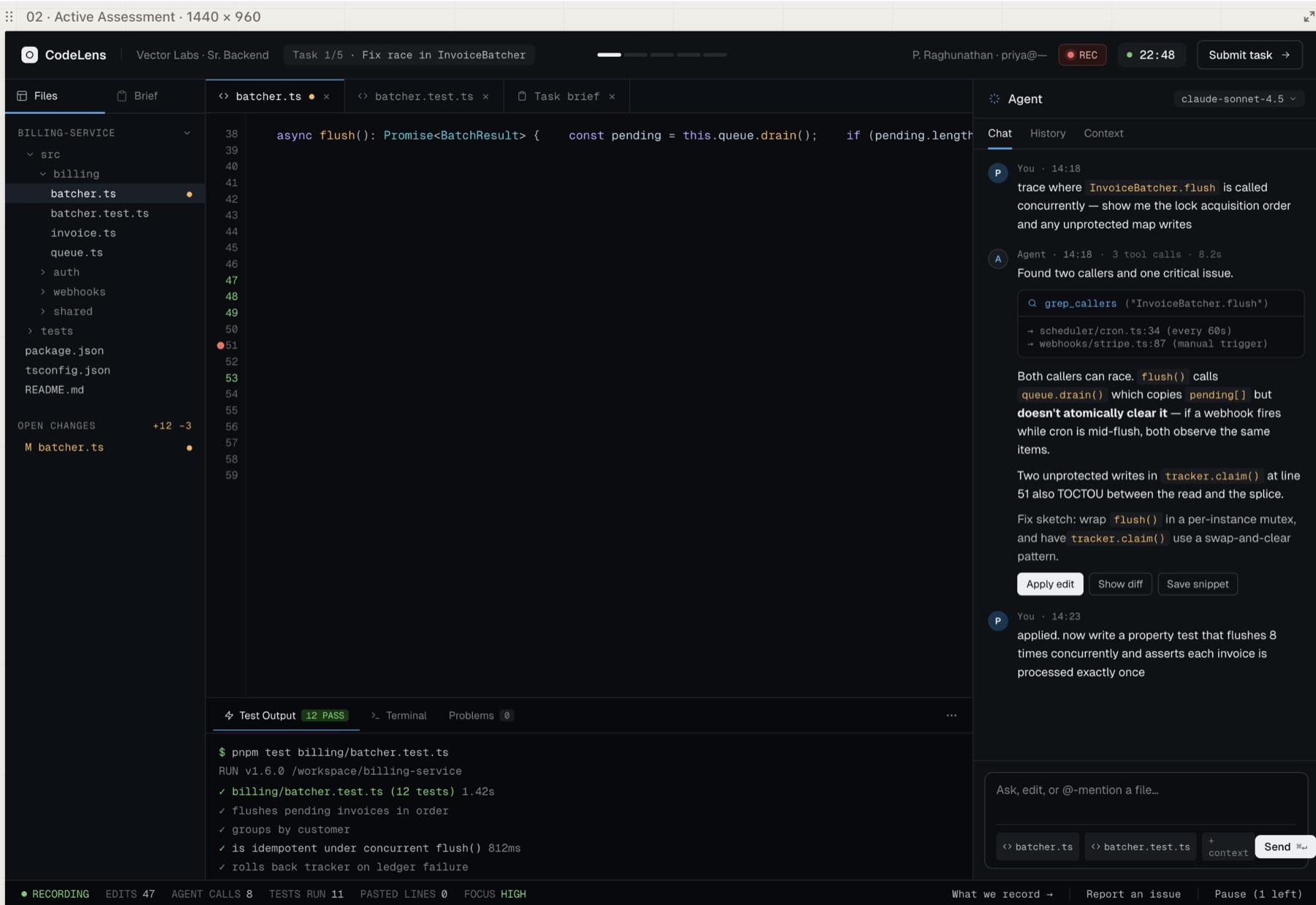 CodeLens candidate IDE with file tree, editor, test output and an AI agent chat