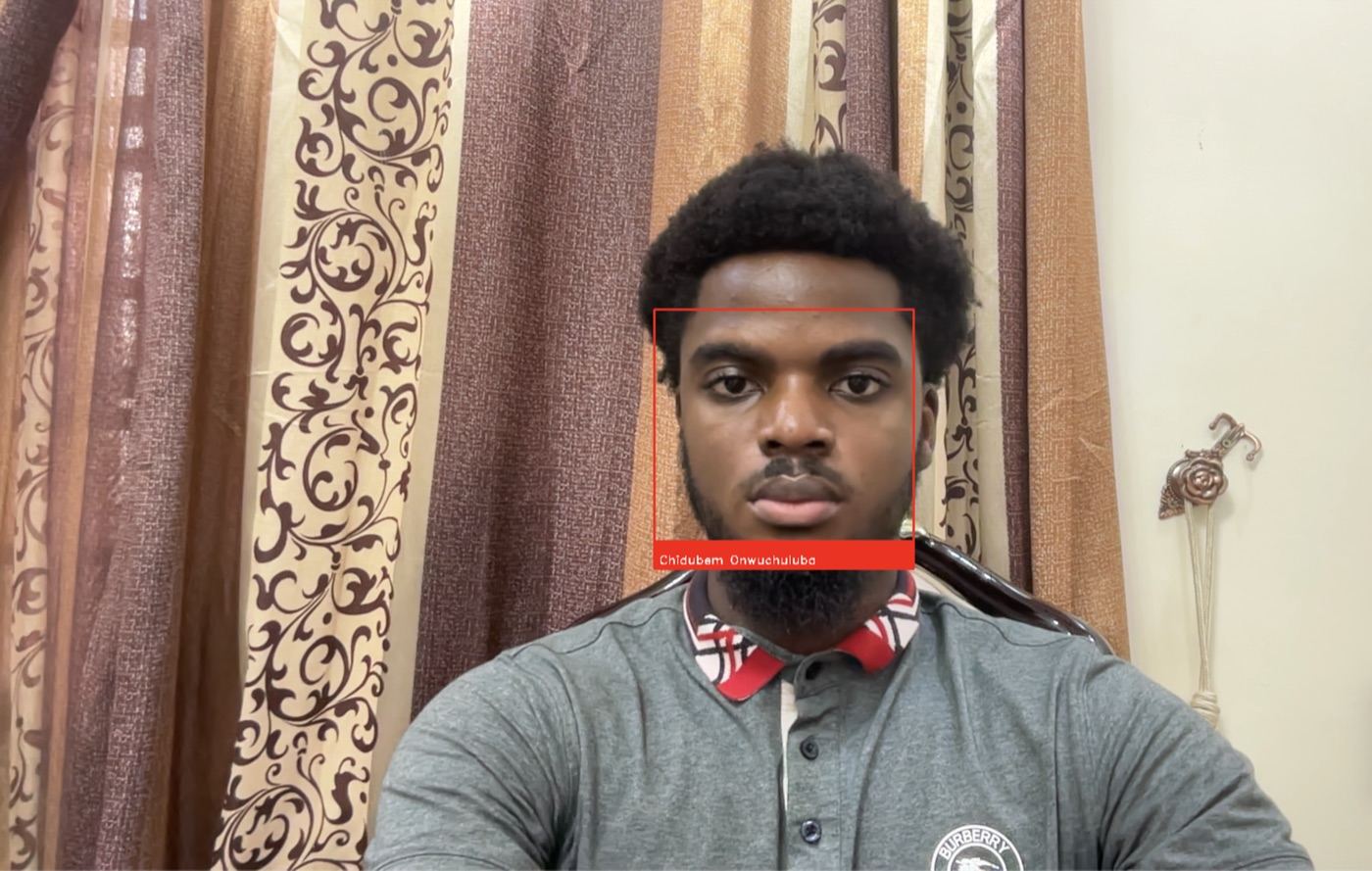 Attendance system recognizing a face in a live camera frame and labeling it with the student's name