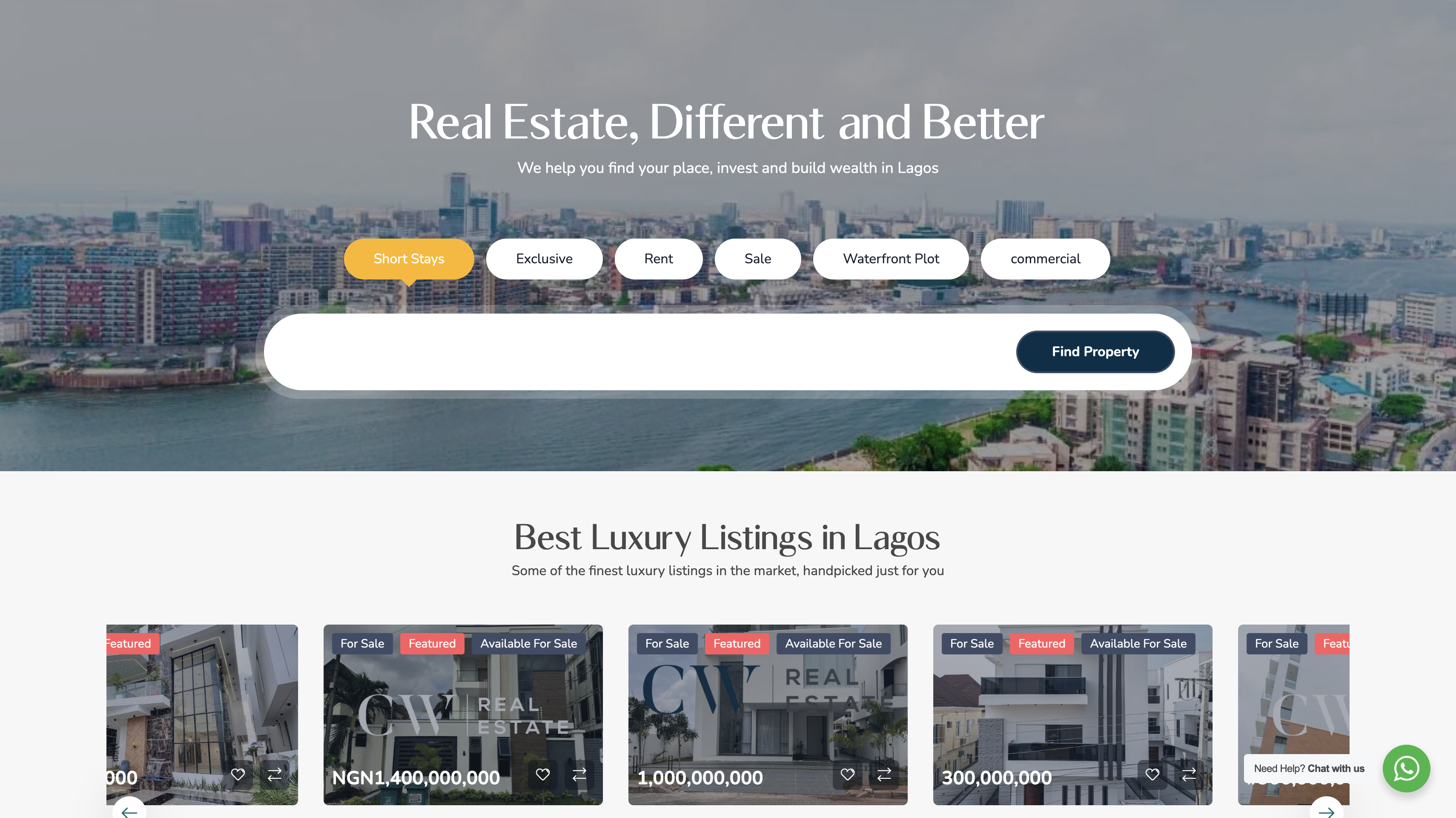 CW Lagos Real Estate Platform — property listing and management dashboard showing multiple properties