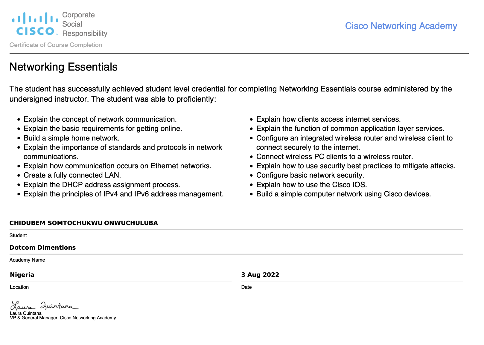 Networking Essentials Certificate from Cisco